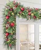 LAVEVE Pre-lit Christmas Garland 9FT with 100 Warm Lights, Battery Operated | Xmas Garland with Red Ball, Frosted Pinecones & Berries, Christmas Decoration for Mantle Fireplace Stair Railing Porch