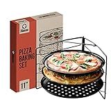 Chef Pomodoro Pizza Baking Set with 3 Pizza Pans and Pizza Rack, (11-Inch Pans), Non-stick Perforated Pizza Trays for Oven, Grill, Pizza Pan with Holes, Pizza Pan for Oven, Barbeque, Bakeware Supplies