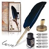 Vintage Feather Quill Pen and Ink Set - Blue Feather Pen and Ink Set, Writing and Drawing Tools with Stainless Steel Nib - Elegant Vintage Style Calligraphy Kit for Creative Hand Lettering