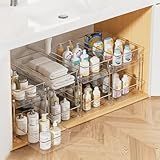 Vtopmart 4 Pack Bathroom Organizer, 2 Tier Clear Under Sink Organizers Vanity Countertop Storage Container,Cabinet Drawers Bins, Pull-Out Organization with Track for Pantry, Kitchen