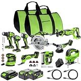 Greenworks 24V Brushless 10PC Power Tool Combo, Drill+Impact Driver+Circular Saw+Recip Saw+Jig Saw+Sander+Light+Multi-Tool+Nailer+Grinder (2) 4.0Ah+2.0Ah Batteries (24,000mAh Power Bank) USB-C Charger