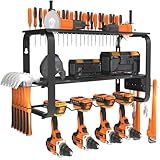 Zhirxo Power Tool Organizer Wall Mount - 3 Layers Cordless Tool Storage Rack with 4 Drill Holders - 4 Slot Matte Black Metal Workshop Garage Tool Organizer Shelf - 200-Lbs Load Capacity