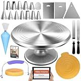 RFAQK 50PCs Cake Decorating Supplies Kit with 12" Aluminum Rotating Cake Turntable Stand, Professional Leveler, Straight & Offset Spatulas, 12 Numbered Icing Tips & Bags