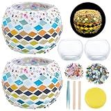 WEBEEDY 2 Sets Mosaic Glass Candle Holders Kit Handmade Mosaic Tealight Holders Multicolor Round DIY Candle Holders Kits with Instruction for Beginner Adult Home Table Decor Unique Gift