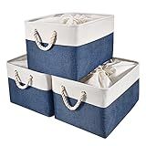 HOdo Home 3PCS Storage Bins, Fabric Bin with Drawstring Closure and 2 Bold Handles, Collapsible Large Canvas Baskets for Organizing Shelf Nursery Home Closet (15.8×11.8×9.5 In, White and Navy)