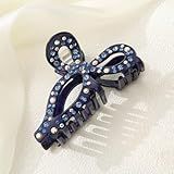 AWAYTR Rhinestone Hair Bow Claw Clip for Women, 4.3", Butterfly Style, Non Slip, for Long Thick Hair (Navy)
