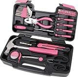 Apollo Tools Original 39 Piece General Household Tool Set in Toolbox Storage Case with Essential Hand Tools for Everyday Home Repairs, DIY and Crafts - Pink Ribbon - DT9706P