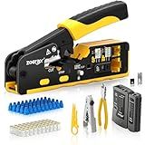 Cat7 RJ45 Crimping Tool, Cat 7 Cat6 Cat5 Pass Through Ethernet Crimping Tool Kit, Network Crimping Tool With Cable Tester, Multiply Stripper, Blades,50Pcs Cat 6 Connectors and Strain Relief Boots