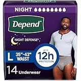 Depend Night Defense Adult Diapers, Incontinence Underwear for Men, Disposable, Overnight, Large, Grey, 14 Count, Packaging May Vary