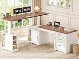SEDETA Farmhouse L Shaped Electric Standing Desk, 63" x 67" Height Adjustable Home Office Executive Desk with Drawers and Shelves, Standing Computer Desks with Power Outlet for Home Office, White