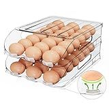 SMRCAD Egg Holder for Fridge, Automatic Steady Rolling Egg Dispenser with Silicone Bumpers & Handle for Refrigerator, Large Capacity Egg Organizer with Lid