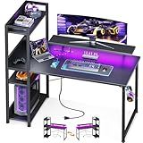 ODK Reversible Gaming Desk with USB Charging Port and LED Lights, 40 Inch Computer Desk with Storage Shelves & Monitor Stand, Study Table for Home Office, Small Space Bedroom, Carbon Fiber Black