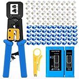 Gaobige rj45 Crimping Tool for Cat6 Cat5e Cat5, Sturdy Crimper for rj45 rj12/11 Pass-Through Connectors with 50pcs rj45 Cat5e Pass-Through Connectors, 50pcs Covers, Wire Stripper; Network Cable Tester