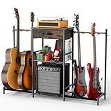 Guitar Stands Floor with 4 Guitar Holders, 3-Tier Guitar Stand Multiple Guitars, Guitar Rack with Amp Stand & Cloth Drawer, Multi Guitar Stand for Music Studio, Guitar Accessories gift for Music Lover