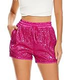 Summer Sequins Rave Shorts for Women High Waist Casual Loose A Line Hot Pink Pants Sparkly Clubwear Night-Out Skorts, Pink, XSmall