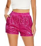 PESION Sequins Rave Shorts for Women High Elastic Waist Straight Leg Hot Pink Shorts Solid Glitter Party Rave Shorts, Large