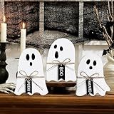 Cute Ghost Halloween Wooden Signs Table Decor, White Ghost Halloween Table Signs with Jute Rope Bows and Black Wooden Lettered Tags, Holiday Tiered Tray Centerpiece Indoor Home Decorations Set of 3