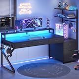 SEDETA 55" Gaming Desk with 6 Drawers, Corner Gaming Desk with Storage & LED Lights, Reversible PC Desk with Power Outlet, Corner Computer Desk with Hutch, Monitor Stand, Side Hook, Carbon Fiber Black