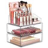 Vtopmart 3 Tier Clear Makeup Organizer with Drawer, Cosmetic Storage for Dresser Countertop and Bathroom Vanity, Beauty Holder for Lipstick Brush Skincare