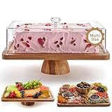 HOMESPHERE Acacia Wood Cake Stand with Lid - Rectangular Cake Holder, 2-in-1 Dessert Table Display Set & Charcuterie Board for Cheese, Chips, Fruit Platter, Large Acrylic Cake Dome Cover, No Glass
