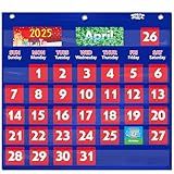 SpriteGru Blue Calendar Pocket Chart with 76 Cards,(68 Illustrated Activity Cards, 8 Dry Erasable Flash Cards and 3 Hooks)