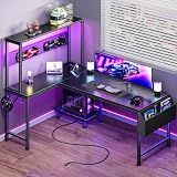 PRAISUN L Shaped Gaming Desk with LED Lights & Power Outlets