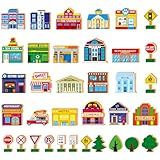 Blosssound 35 Pcs Wooden Town Building Play Toys for Kids City Street Traffic Signs Multicultural Community Block Train Track Accessories Preschool Classroom Educational Supplies Birthday Gifts