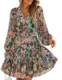 ZESICA Womens 2026 Fall Long Sleeve Floral Mini Dress Green L