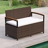 RELAX4LIFE Wicker Outdoor Storage Bench - Rattan Deck Box w/Protective Liner for Patio Furniture Pillows, Pool Supplies & Garden Tools, Porch Loveseat with Seat Cushion, Acacia Wood Armrests