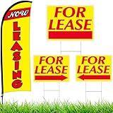 Buryeah 4 Set Now Leasing Sign Now Leasing Feather Flag Banner Pole Kit 3 Pack for Lease Double Sided Directional Arrows Sign with Metal Stakes for Estate Flags Business Advertising Outside (Yellow)