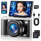 8K Digital Camera for Photography with WiFi 96MP Autofocus Vlogging Camera for YouTube Video 3.5'' 180°Flip Screen 20X Zoom Anti-Shake Compact Point and Shoot Cameras for Beginner Creator with SD Card