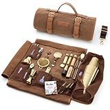 Barillio Bartender Kit Bag with Gold Cocktail Shaker Set - Waxed Canvas, Traveling Bar Tools Bag with 17-Pc Cocktail Kit - Travel Mixology Bartending Kits - Mobile Bar Roll with Strap & Accessories
