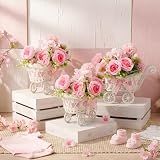 Fiwochic 3 Pack Pink Rattan Stroller Centerpieces Bouquet Baby Shower | Rattan Carriage Arrangement for Tables, Gender Reveal Party Favors, Woven Floral Display, Wedding Gift Souvenir