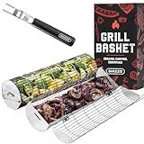 Rolling Grill Basket, New Opening Design, Extra Sturdy Cylinder Grilling Basket, Food Grade Stainless Steel, Large Portable Outdoor Camping accessories BBQ Net Rack, Cooking Griller for Fish, Vegetables, and More - Gifts for Men Dad Husband - Set of 2