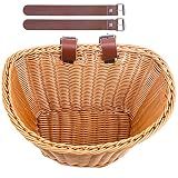 Woven Plastic Bike Baskets,Front D-Shaped Bike Bicycle Basket,Handlebar Storage Container with 2 Adjustable Leather Straps (Brown&Adults)