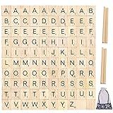 PINOWU 100pcs Wood Letter Tiles for Scrabble, Replacement for Scrabble Letters with Wood Racks and Cloth Gift Bag Craft Playing Alphabet Coasters and Wall Decoration