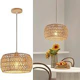 OCWHT Rattan Pendant Light Fixture Ceiling Bohemian Chandelier Flush Mount Hanging Light 12.99-inch Small Woven Lamp Shade Wooden Base Basket for Kitchen Island Hallway Bedroom Dinning Table