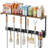 Broom Holder Wall Mount with Cleaning Supplies Organizer, Laundry Room Organization and Storage Shelves with Mop Hanger Rack Gripper Hooks, Utility Shelf Closet Organizer for Home Garage Kitchen