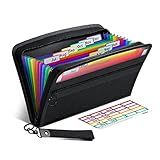 ThinkTex Receipt Coupon Organizer, 12 Pockets Small Accordion File Organizer, Junior Size 11x 6.6 Inches, Zipper Closure, Multi-Color Tabs