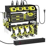 SUNALLY Power Tool Organizer Wall Mount with Charging Station,3 Layer Heavy Duty Metal Tool Storage Rack with 4 Drill Holders, Power Tool Shelf for Garage, Warehouse, Workshop, Gifts for Men, Husband