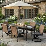 Andehomy 7-Piece Patio Dining Set for 6, Outdoor Dining Set with Wicker Swivel Patio Dining Chairs with Cushions & Black Rectangular Woodgrain Dining Table with 1.75”Umbrella Hole, Black & Brown