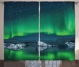 Ambesonne Alaska Curtains, Aurora Borealis Under The Starry Sky Hills of Arctic Northern Landscape, Living Room Bedroom Window Drapes 2 Panel Set, 108" X 84", Night Blue Lime Green