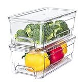 Brippo Pull-Out Fridge Organizer, 2-Pack Stackable Refrigerator Drawer Organizer Bins, Clear Vegetables, Food, Fruit Storage Containers with Lid and Strainer Layer