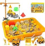 Sand Construction Site Kit - Play Sand Art Kit with 7 Construction Truck, 2lbs magic sand, Castle Molds, Crane, construction sensory bin for Preschool Learning Activities Gifts for Boys Girls Age 3+