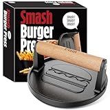 Pisol Smash Burger Press, Pre-Seasoned Cast Iron Hamburger Smasher, 2 lb Heavy-Duty Grill Bacon Meat Press Tool with Wood Handle, 6.6”