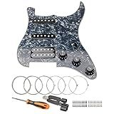Unxuey 11 Hole Loaded Guitar Pickguard SSH with Black Pickup Humbucker Prewired Scratch Plate Set for Fender Strat, 3 Ply Black Pearl,with Guitar Strings and Installation Tool