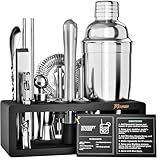 Mixology Bartender Kit with Stand - 15 Piece Bar Tool Set, Silver Bar Set Cocktail Shaker Set for Drink Mixing - Includes Martini Shaker, Jigger, Strainer, Bar Mixer Spoon, Tongs, Opener | Gift Idea