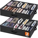 Lifewit Under Bed Shoe Storage Organizer 2 Pack(12 Shoes Cells), 4.3 Inches Profile Fabric Shoes Container Box with Clear Cover, Foldable Storage Bag with 2 Handles, Fits 12 to 24 Pairs
