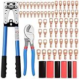 Tivorex Battery Cable Lug Crimping Tool for AWG 10-1/0 Electrical Lug, with Cable Cutter 64pcs Ring Terminals and 70pcs Heat Shrink Tubing