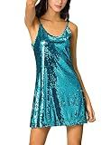 Allegra K Women's Glitter Sequin Dress V Neck Spaghetti Strap Halloween Mini Party Dress Clubwear Large Teal Blue